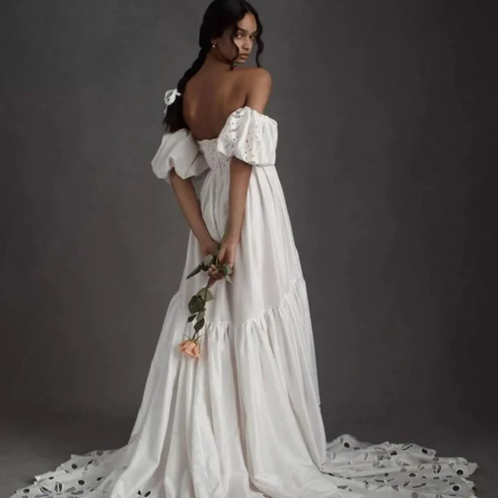 BHLDN Marina Wedding Gown Size 6 Off Shoulder Puffed Sleeve Sample - Picture 5 of 11